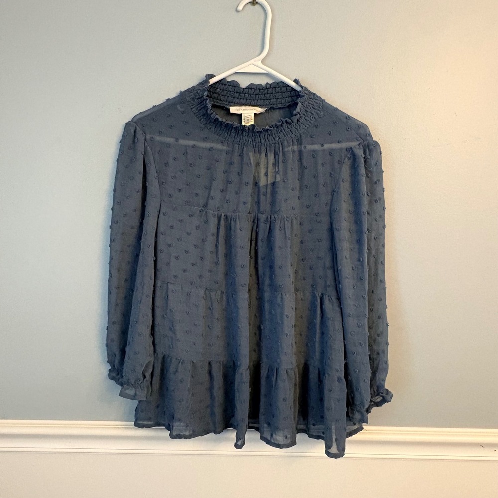 Monteau Los Angeles Blue Swiss Dot Blouse Smocked Ruffled Babydoll Top XL NWT